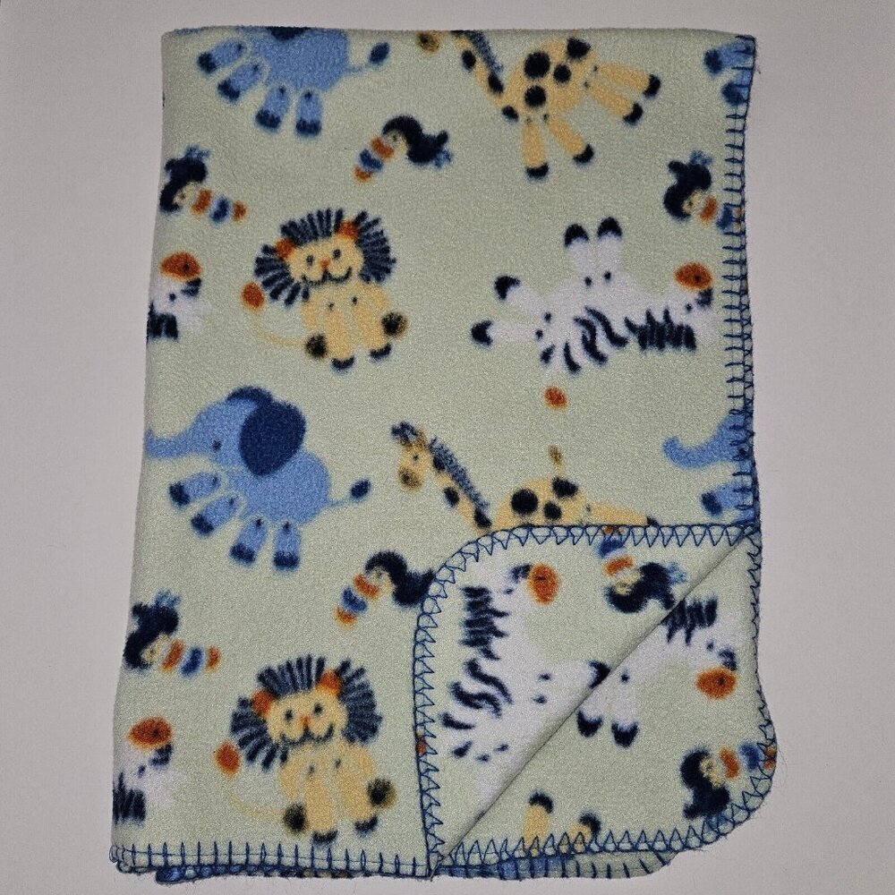 Baby Connection Pale Green Fleece Blanket Lion Giraffe Zebra Elephant Toucan
